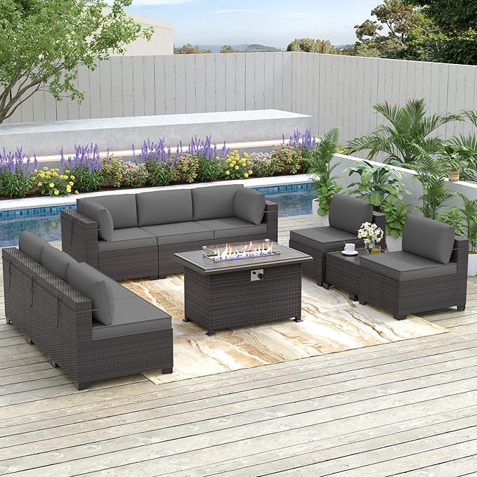 Kurapika 10 Pieces Patio Furniture Set, Rattan Wicker Outdoor Conversation Sets w/43in Propane Fire Pit Table and 4 Inch Cushion(Grey)
