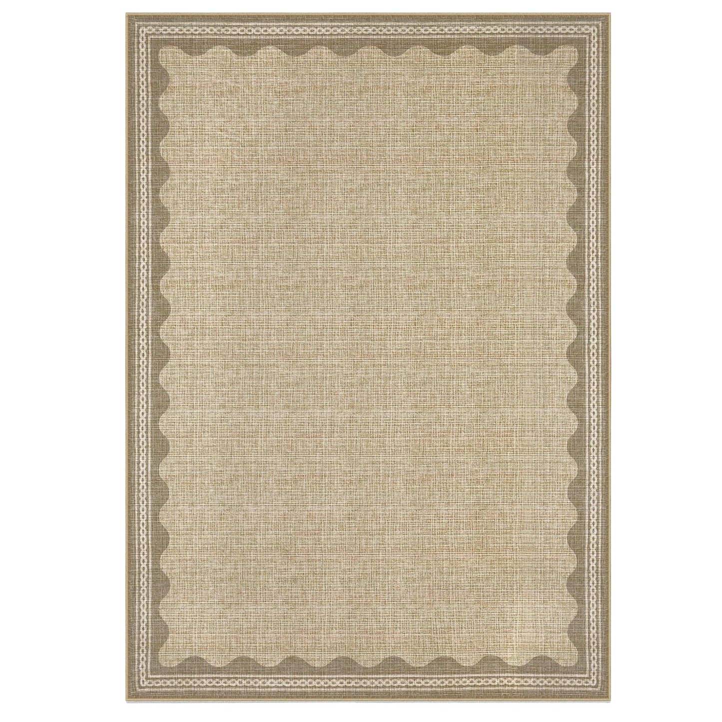 CAREMEE Scalloped Washable Area Rug, 6' x 9' Rectangular, Beige, Non Slip, Machine Washable, Indoor, Low Pile, Polyester, Solid, Tufted, Foldable, Stain Resistant, Shed Resistant