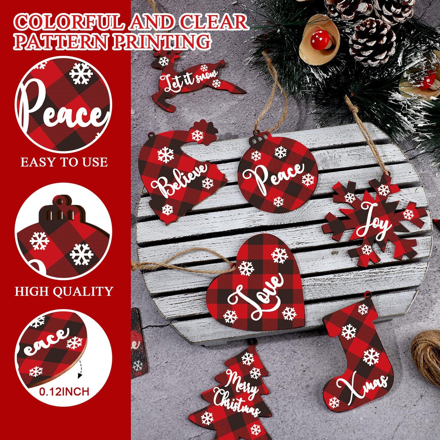 36 Pieces Christmas Buffalo Plaid Ornaments Christmas Tree Wooden Hanging Decor Black and Red Wooden Christmas Ornaments Reindeer Snowman Plaid Christmas Tree Decorations(Multiple Style)