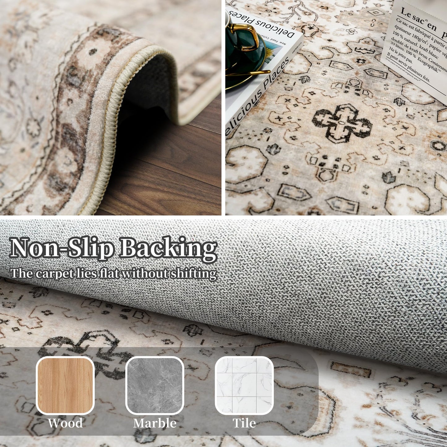 HILORUUG Washable Area Rug 9x12 - Bedroom Living Room Large Indoor Oriental Rugs - 0.13inch Low Pile Stain Resistant Rugs with Rubber Backing for at Least 108 sq ft Spaces (9x12 Ivory/Multi)