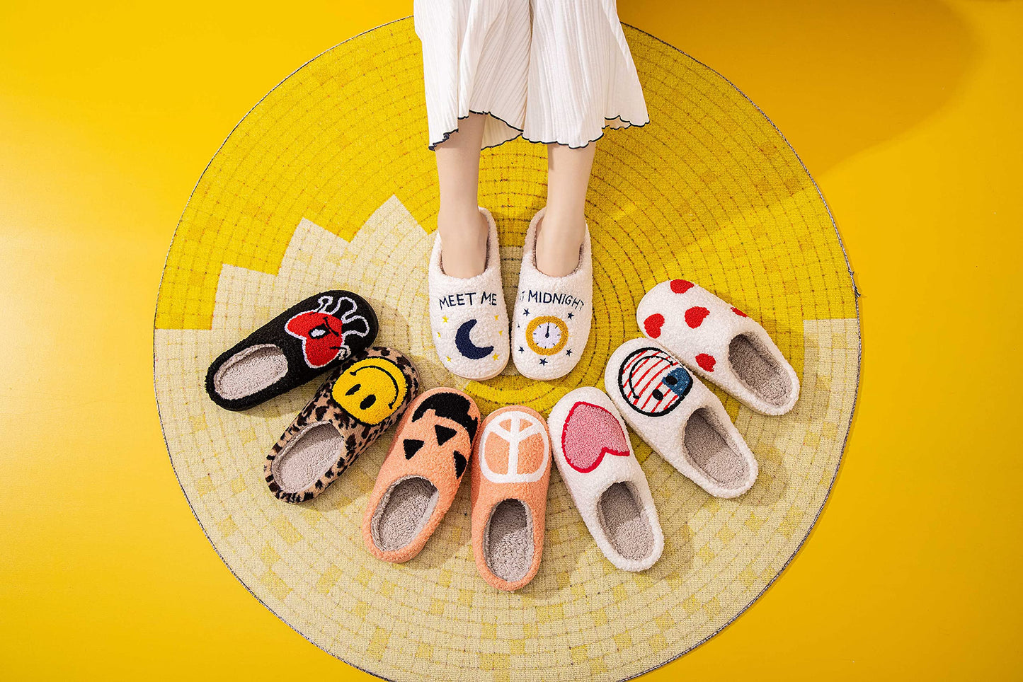 NEVEROLD Fun Cute Trendy Cartoon Illustrated Characters Colorful Comfort Cozy Plush Warm Fluffy Fur Slip On Cushion Slippers for Girls and Women (Pumpkin, medium)