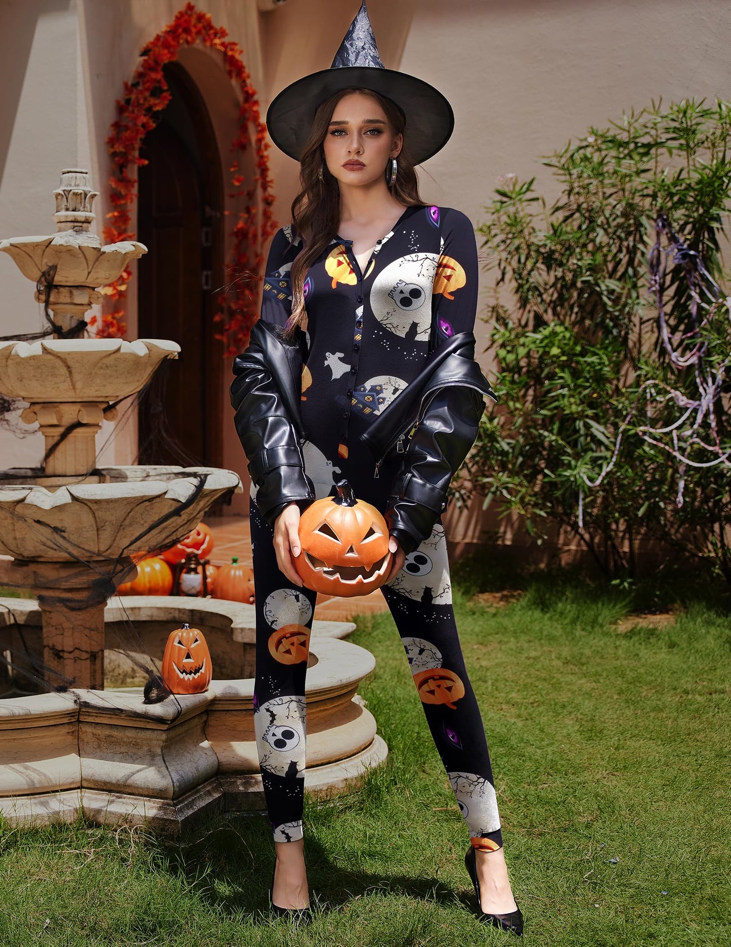 Ekouaer Halloween Onesie Adult Womens Onesie Pajamas Button One Piece Pajama Long Sleeve Sleepwear for Women