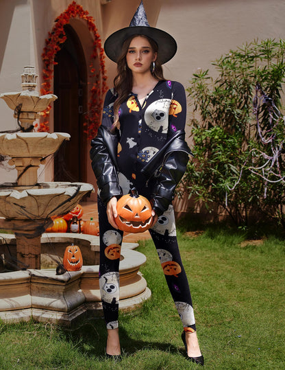 Ekouaer Halloween Onesie Adult Womens Onesie Pajamas Button One Piece Pajama Long Sleeve Sleepwear for Women