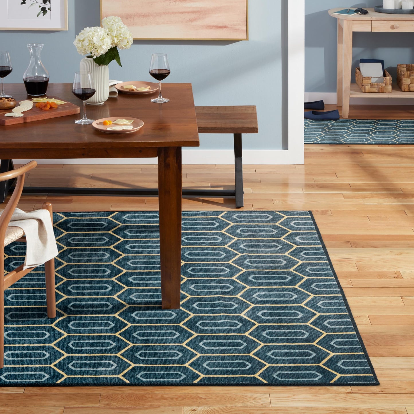 EVERWASH Haven Mod Geo Machine Washable Area Rug with Airflo Technology for Easy Clean, Ultra-Soft Pile, Built-in Rug Pad with Non-Slip Backing, Pet, Family & Allergy Friendly Rug, Blue, 8'x10'