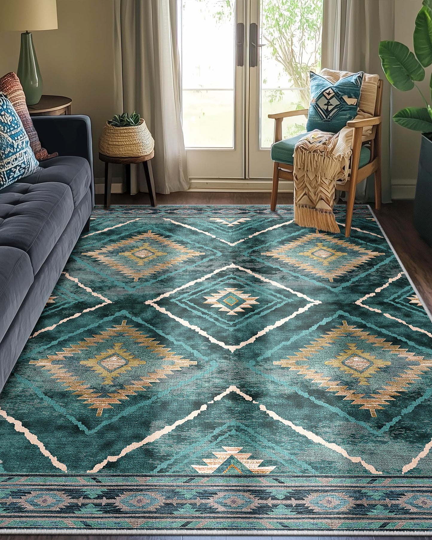 BESTSWEETIE Area Rug 5x7 Rug Machine Washable Non-Slip Low Pile Print Pattern Western Rug for Living Room Bedroom Entryway Tribal Series -Teal/Green