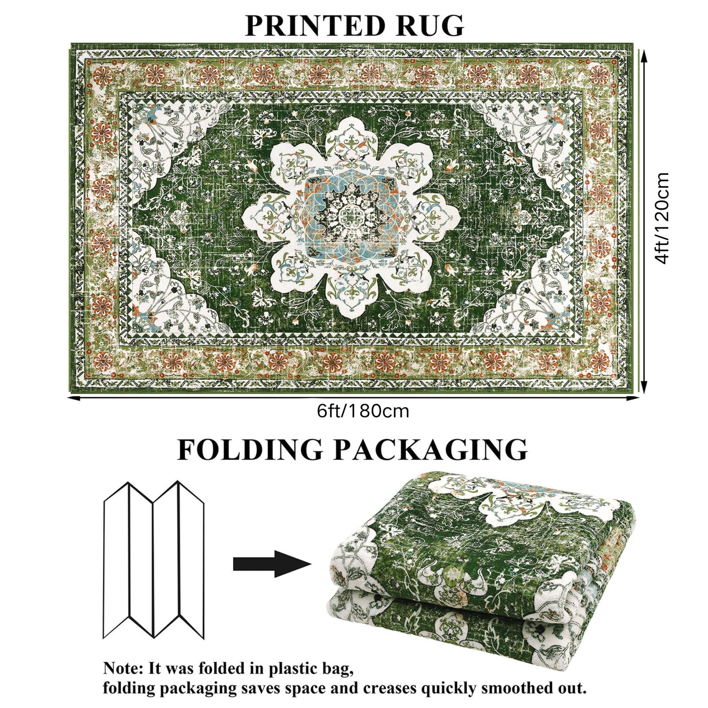 Ileading Bohemian Vintage Area Rug 4x6ft, Machine Washable Low-Pile Accent Carpet, Non-Shedding Non-Slip Living Room Floor Throw Rugs for Bedroom,Dining Room,Kids Playroom,Rv,Office(Green)