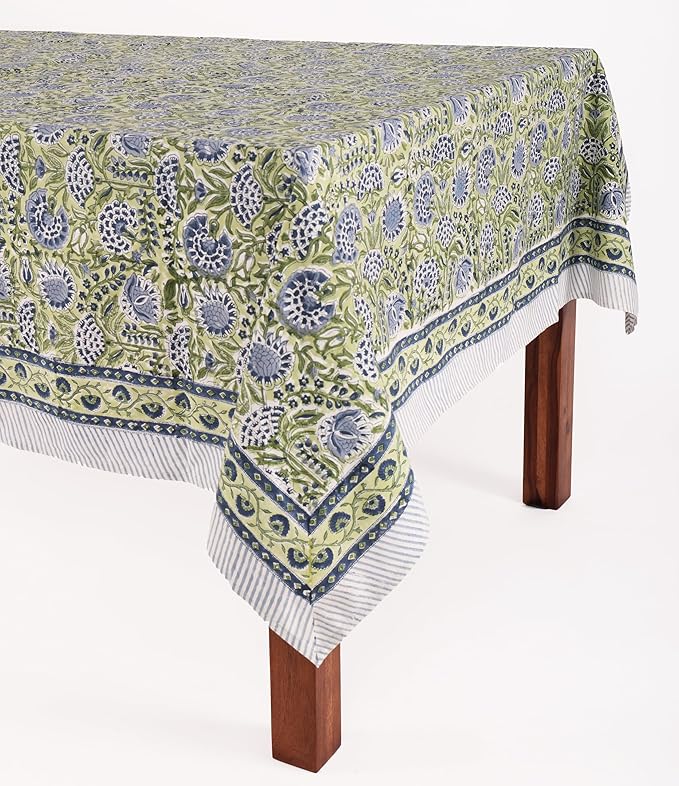 ATOSII Amara Green 100% Cotton Rectangle Fall Tablecloth, Handblock Floral Print Linen Table Cloth for Kitchen Dining I Parties, Weddings, Outdoors, Easter I Home Decor 60 X 90 Inches I 6 Seater