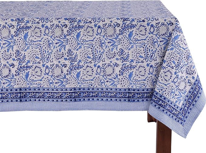 ATOSII Indigo Bloom 100% Cotton Spring Summer Tablecloth, Block Print Square Table Cover for Dining, Parties, Weddings, Outdoors, Grand Millenial Decor 60 X 60 Inches I 4 Seater