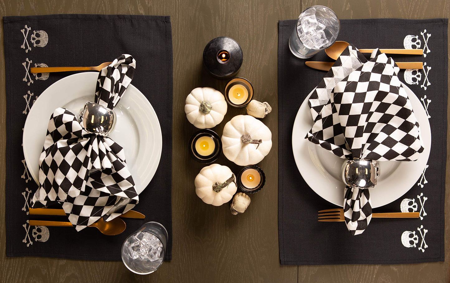 DII Halloween Party Tabletop Decor, Reusable & Machine Washable Cotton Fabric, Placemat Set, 13x19, Skull & Bones, 4 Piece