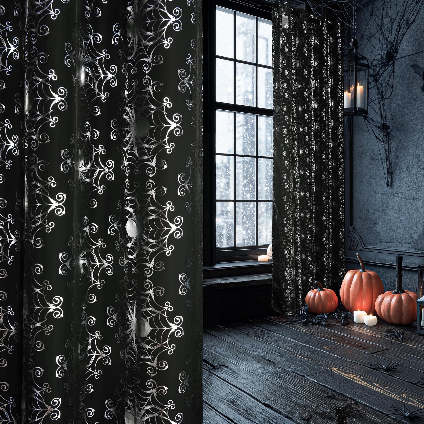 NICETOWN Black Sheer Halloween Curtains with Silver Spider Foil Print, Grommet Flowing Voile Sheer Window Treatment for Gothic Bedroom, W54 x L84, 2 Panels