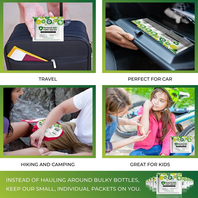 Portable Travel Size First Aid Kit - 10 Pack | Perfect for Home, Office, Car, School, Business, Travel, Hiking, Hunting, and Outdoors | Individually Wrapped First Aid Products (Green)