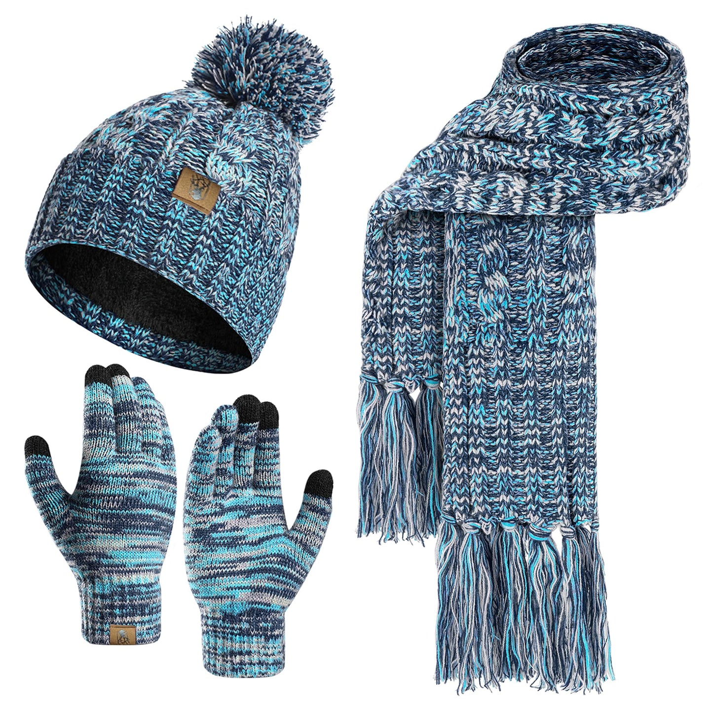 Womens Winter Warm Beanie Hat Touchscreen Gloves Lone Neck Scarf Set with Fleece Lined Pom Skull Cap Gift for Women 3PCS