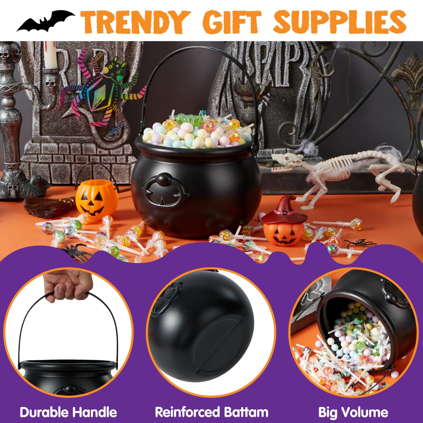 JOYIN Halloween Large Black Cauldron 7.5'', Halloween Witch Cauldron Pot, Candy Kettle, Pot and Bucket, Candy Cauldrons Holder for St. Patricks Party Favor Supply Witch Decoration, Kids Trick or Treat