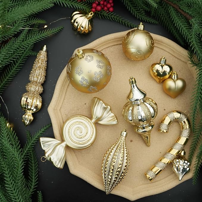 SHareconn 145pcs Christmas Balls Ornaments Set, Shatterproof Plastic Baubles Snowflakes, Stars and Tree Topper for Xmas Tree Holiday Wedding Party Decorations with Hanging Strings, Dark and Light Gold