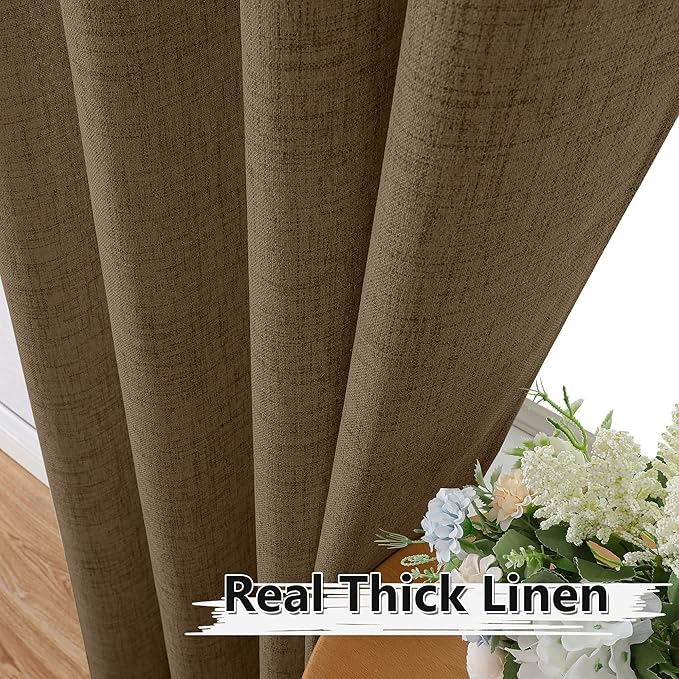 Tollpiz Short Linen Tier Curtains Rod Pocket Semi Sheer Half Kitchen Curtain Burlap Light Filtering Thick Linen Drapes for Bathroom, 30 x 24 inches Long, Brown, Set of 2 Panels