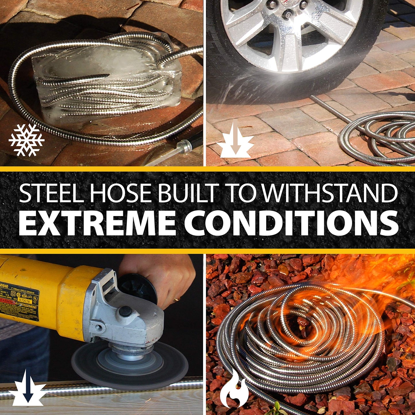 BIONIC STEEL 100 Ft Metal Garden Hose with Sprayer Nozzle, Non Kinking Designed Stainless Steel Heavy Duty Water Hose 100 Ft x 5/8 in. Flexible NON Expandable for Uninterrupted Water Flow, 500 PSI