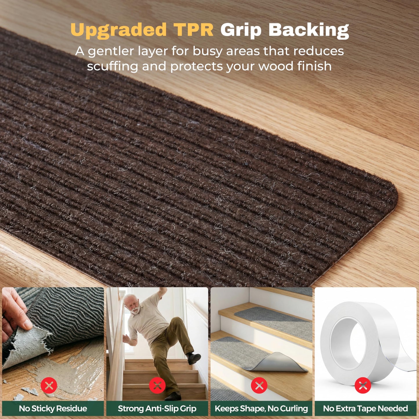 MBIGM 8" X 30" (15 in Pack) Nonslip Carpet Stair Treads Non-Skid Safety Rug Slip Resistant Indoor Runner for Kids Elders & Pets with Reusable Adhesive - Brown - Non Slip Stair Treads Indoor