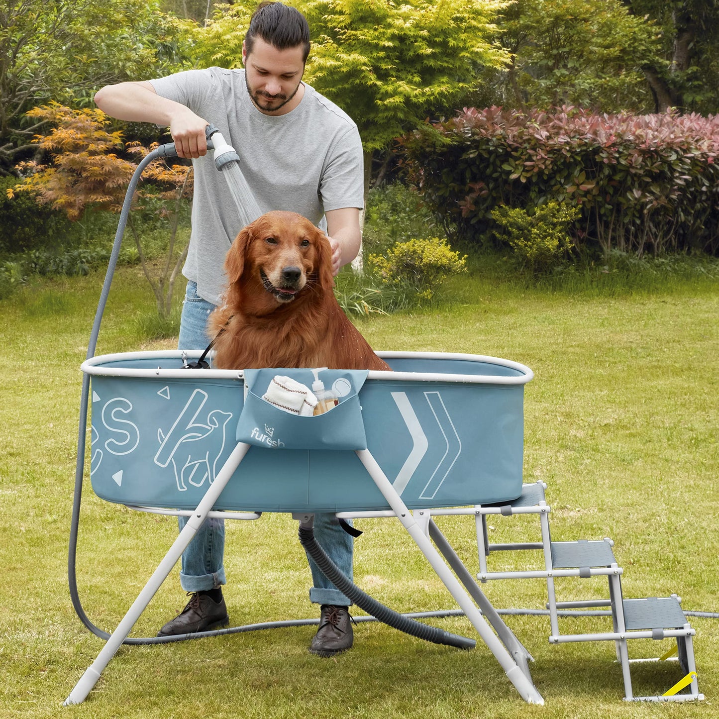 Steper Big Dog Bath Tub with Stairs Elevated Portable Foldable Wash Station with Steps for Bathing Shower and Grooming Indoor Outdoor for Medium to Large Size Dogs (Large 2022 Version)