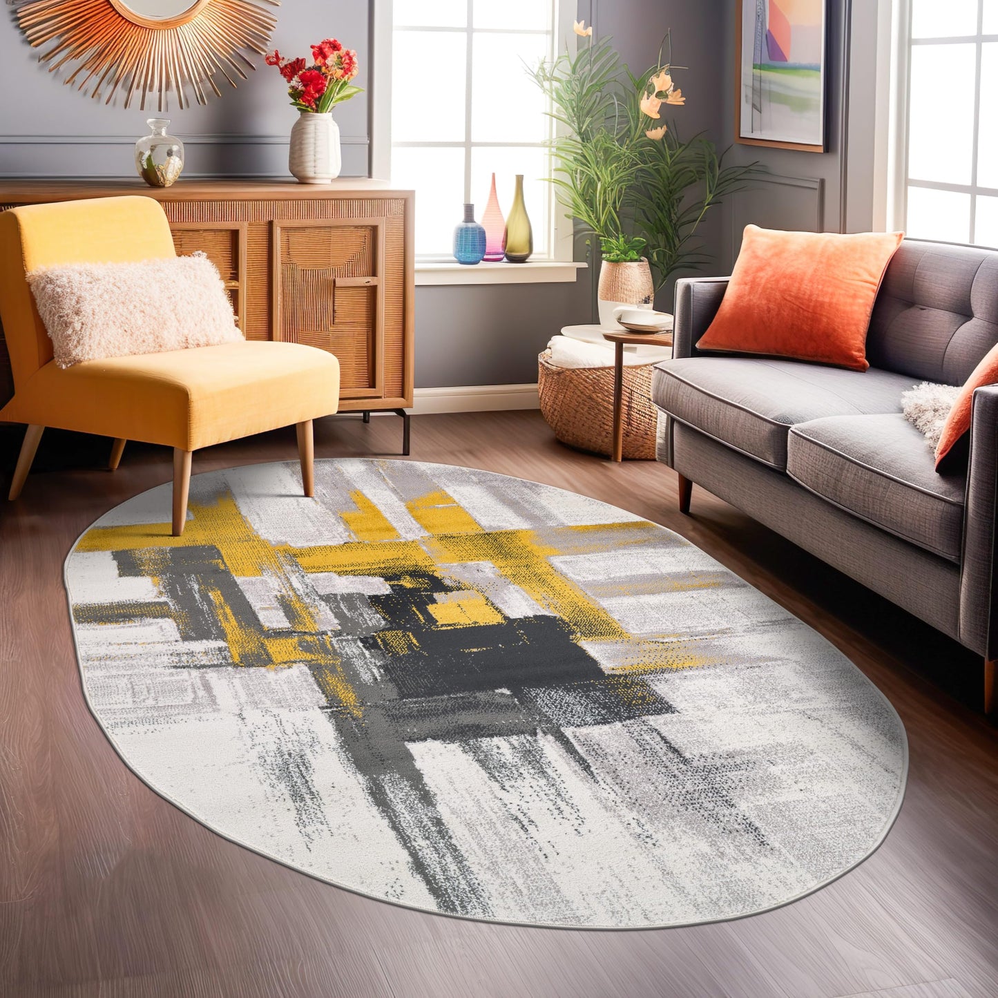 Rugshop Gold Modern Abstract Oval Area Rug — Non-Shedding for Dining Room, Living Room and Bedroom 5' x 7' Oval