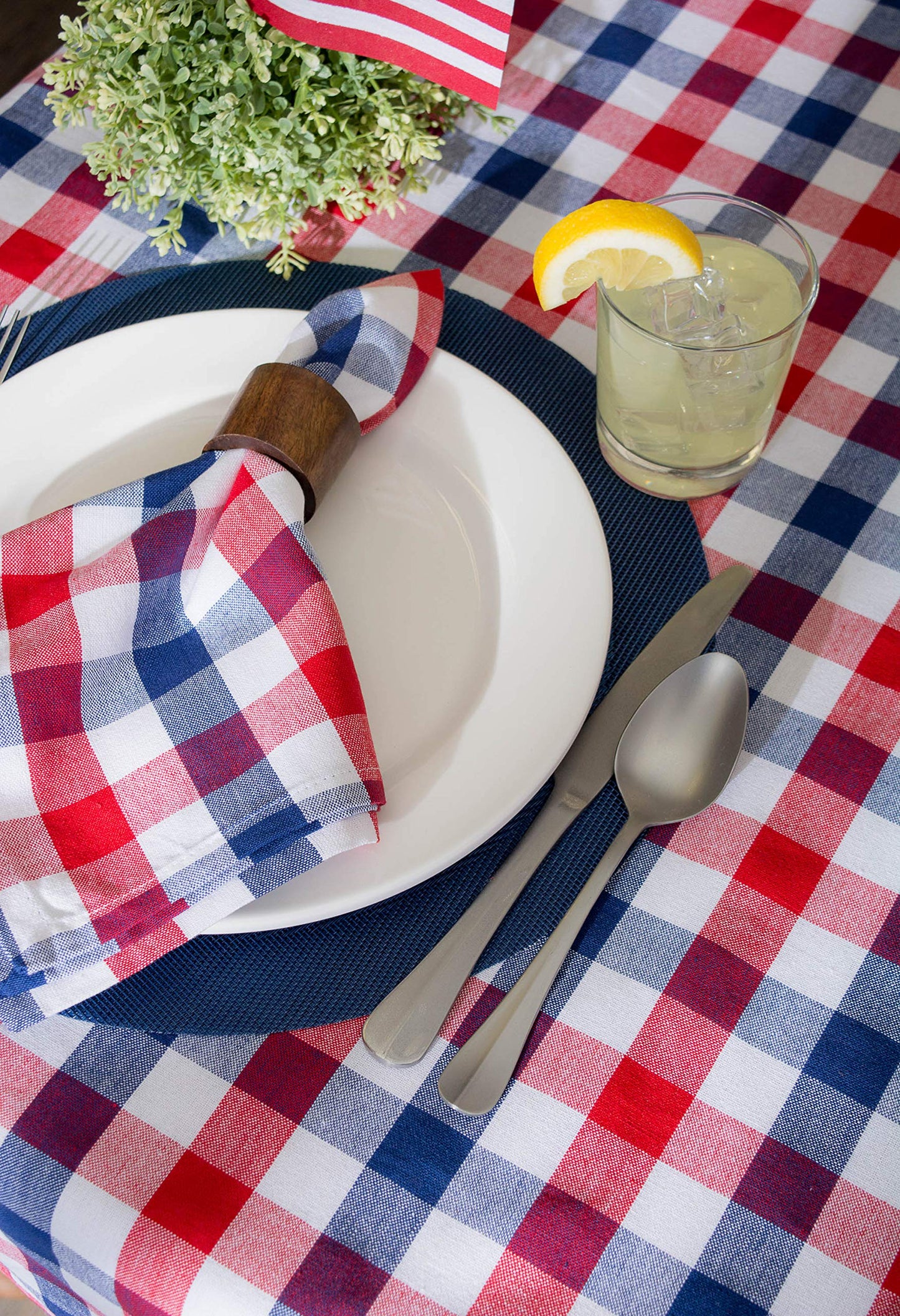 DII 100% Cotton, Machine Washable, Dinner, Summer & Picnic Tablecloth, 60 x 84, Red, White and Blue Check, Seats 6 to 8 People