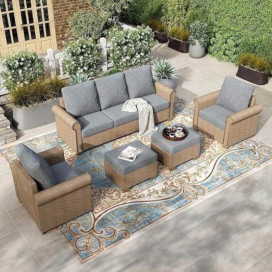 HERA'S HOUSE 5-Piece Patio Furniture Set, All Weather 7 Seats Outdoor Wicker Sofa with Ottomans, Rattan Patio Conversation Set with 5.5" Thick Cushions and 44” Coffee Table, Grey