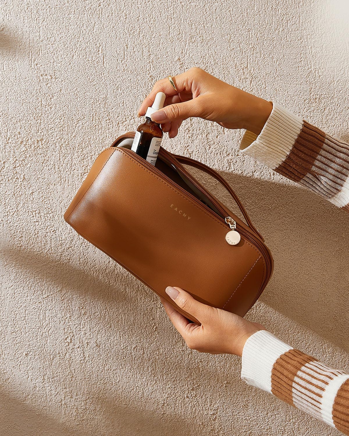 EACHY Travel Makeup Bag,Large Capacity Cosmetic Bags for Women,Waterproof Portable Pouch Open Flat Toiletry Bag Make up Bag with Divider and Handle, Gifts for Women (Brown, Medium)