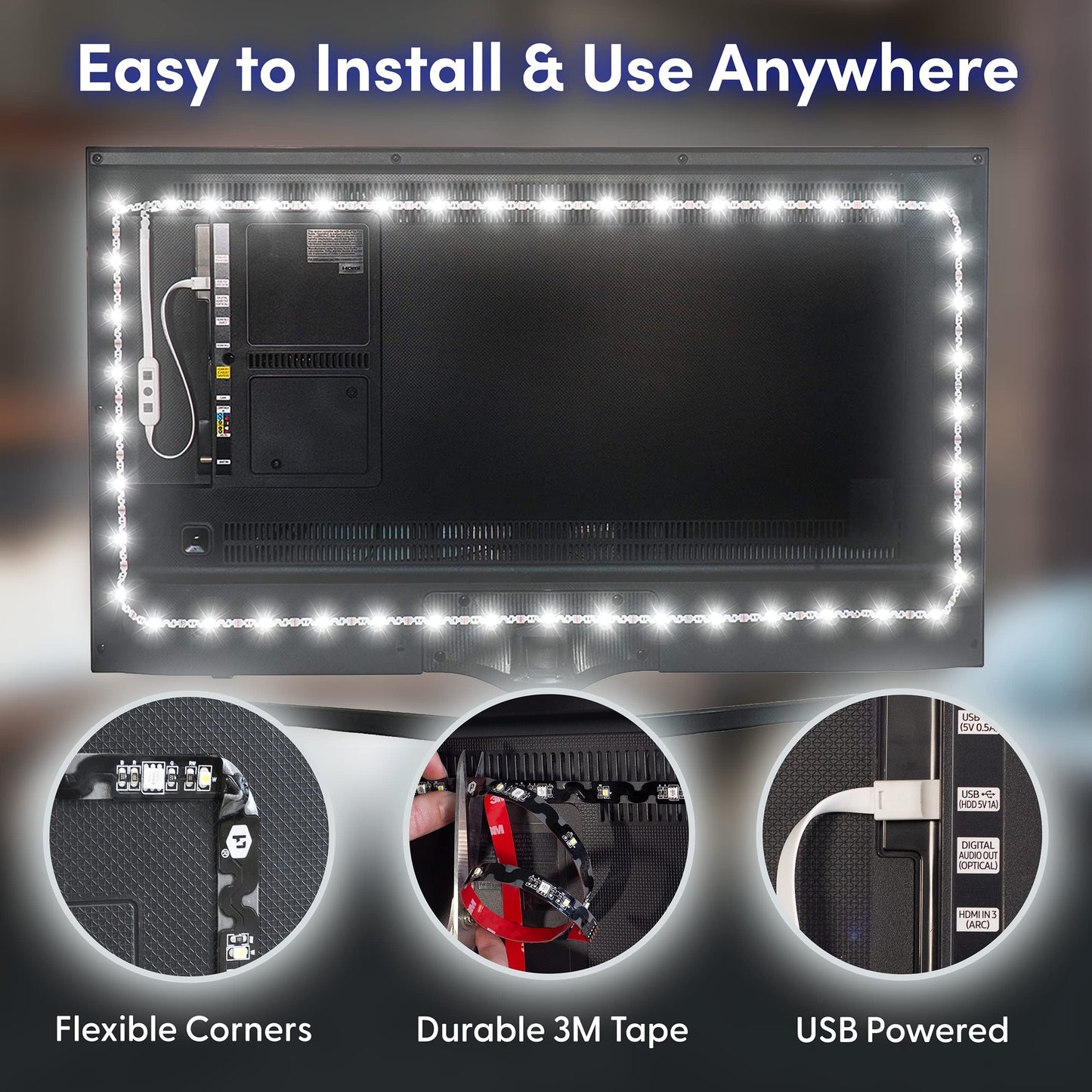 Power Practical USB Bias Lighting, LED TV Backlight Strip, Ambient Home Theater Light, TV Accent Lighting to Reduce Eye Strain, Improve Contrast, White, X-Large (41"-59" TV)