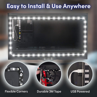 Power Practical USB Bias Lighting, LED TV Backlight Strip, Ambient Home Theater Light, TV Accent Lighting to Reduce Eye Strain, Improve Contrast, White, X-Large (41"-59" TV)