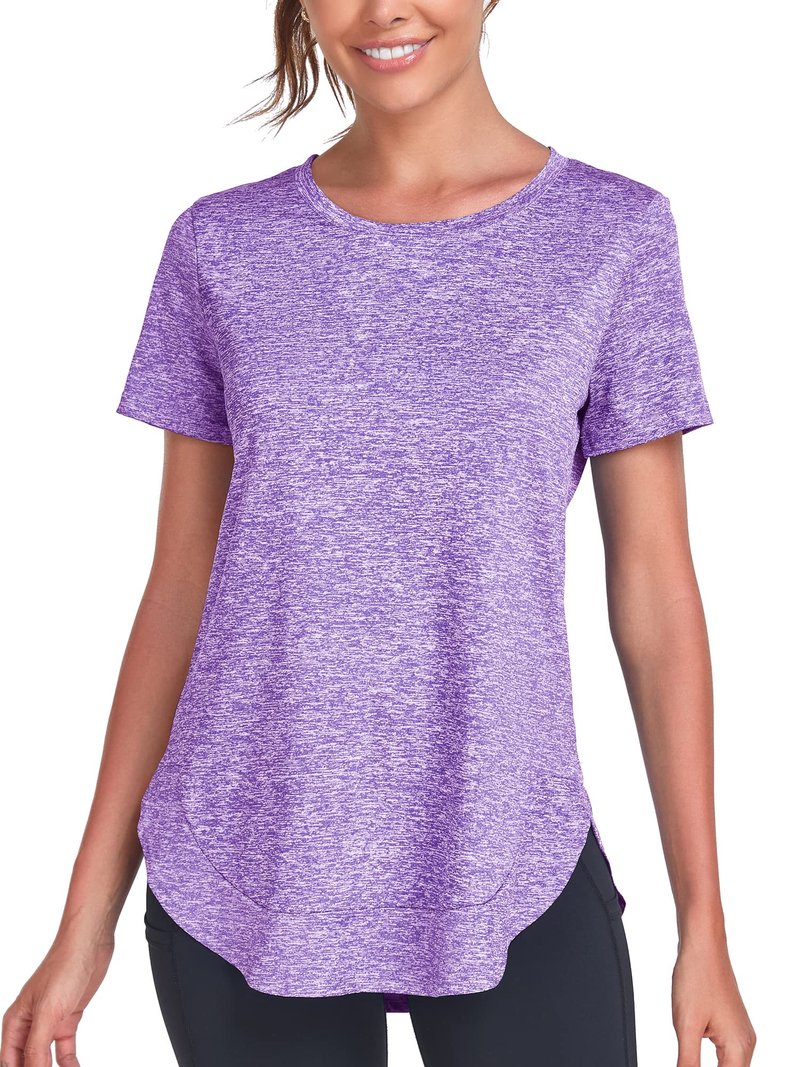 Absttith Short Sleeve Workout Tops for Women Athletic Casual Shirts Quick Dry Gym Soprt Tee Side Split Purple Large