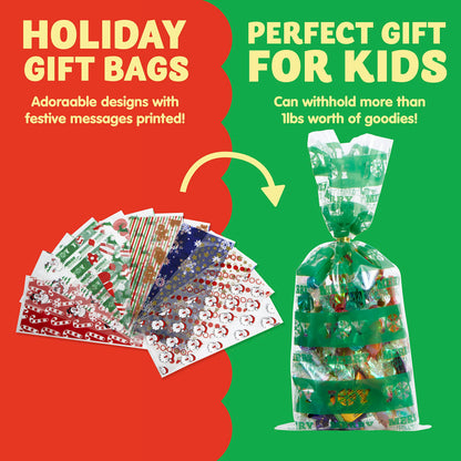 JOYIN 144 PCS Christmas Cellophane Bags with Ribbon for Holiday Treats, Christmas Clear Cello Gift Candy Cookie Bags for Party Favors, Festivals Presents, Party Supplies (11” X 5”)