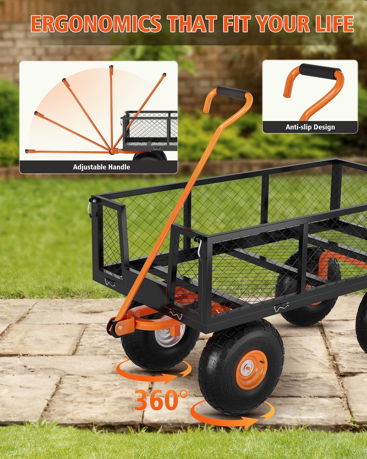 GarveeLife Heavy Duty Steel Garden Cart, 500 LBS Capacity 3 in 1 Pullable Garden Wagon with 10 in Wheels, for Gardening Soil, Tools, and Plant Transport