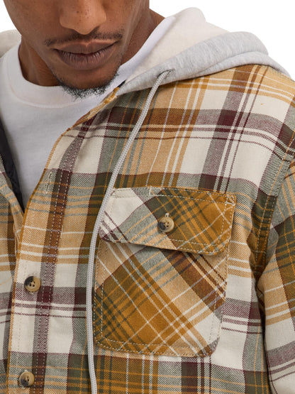 Wrangler Authentics Men's Long Sleeve Quilted Lined Flannel Shirt Jacket with Hood, Golden Brown, Small