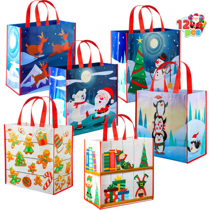 JOYIN 12 PCS Christmas Large Gift Bags with Handles 13.75" x 14", Non-Woven Tote Bag for Wrapping Xmas Party Favors, Reusable Grocery Bags, Party Supplies