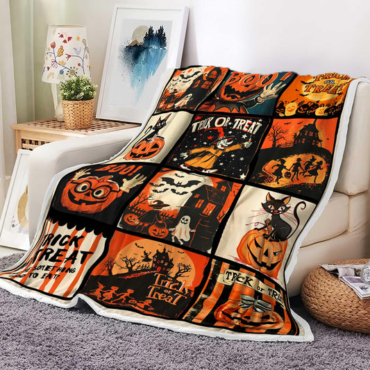 JAWO Vintage Halloween Throw Blanket, Trick or Treat Cute Cool Gothic Black Cat Pumpkin Retro Halloween Cozy Bed Couch Blanket, Soft Comfy Fleece Flannel Throws Blankets Livingroom Bedroom Decor