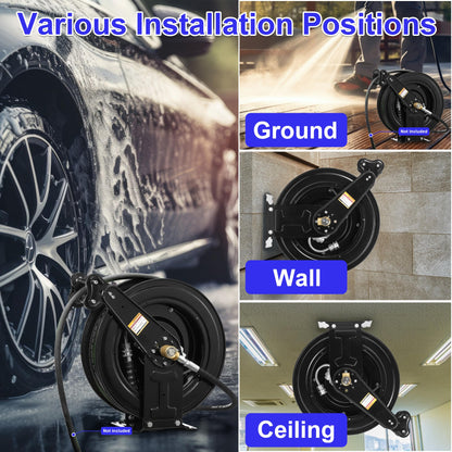 JOEJET Auto-Retractable Pressure Washer Hose Reel, 50FT x 3/8" Heavy Duty Steel Power Washer Hose Reel Dual Arm, 4000 PSI