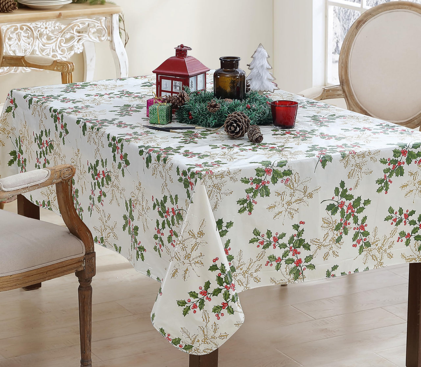 Newbridge Christmas Golden Holly Vinyl Tablecloth with Flannel Backing, Metallic Gold Holly & Berry Print, Wipe Clean Easy Care, 60 x 84 Inch Rectangle