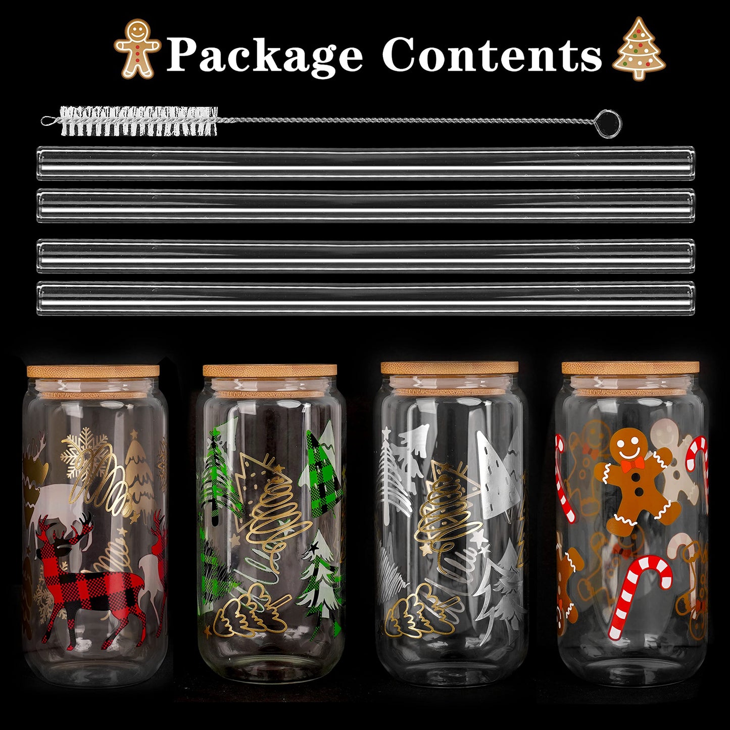 Christmas Cups, 18oz Christmas Iced Coffee Glass Cups with Lids and Straws White Elephant Gifts for Adults Colorful Xmas Tree Elk Tumbler Drinking Glasses Christmas Teacher Gifts for Women Men