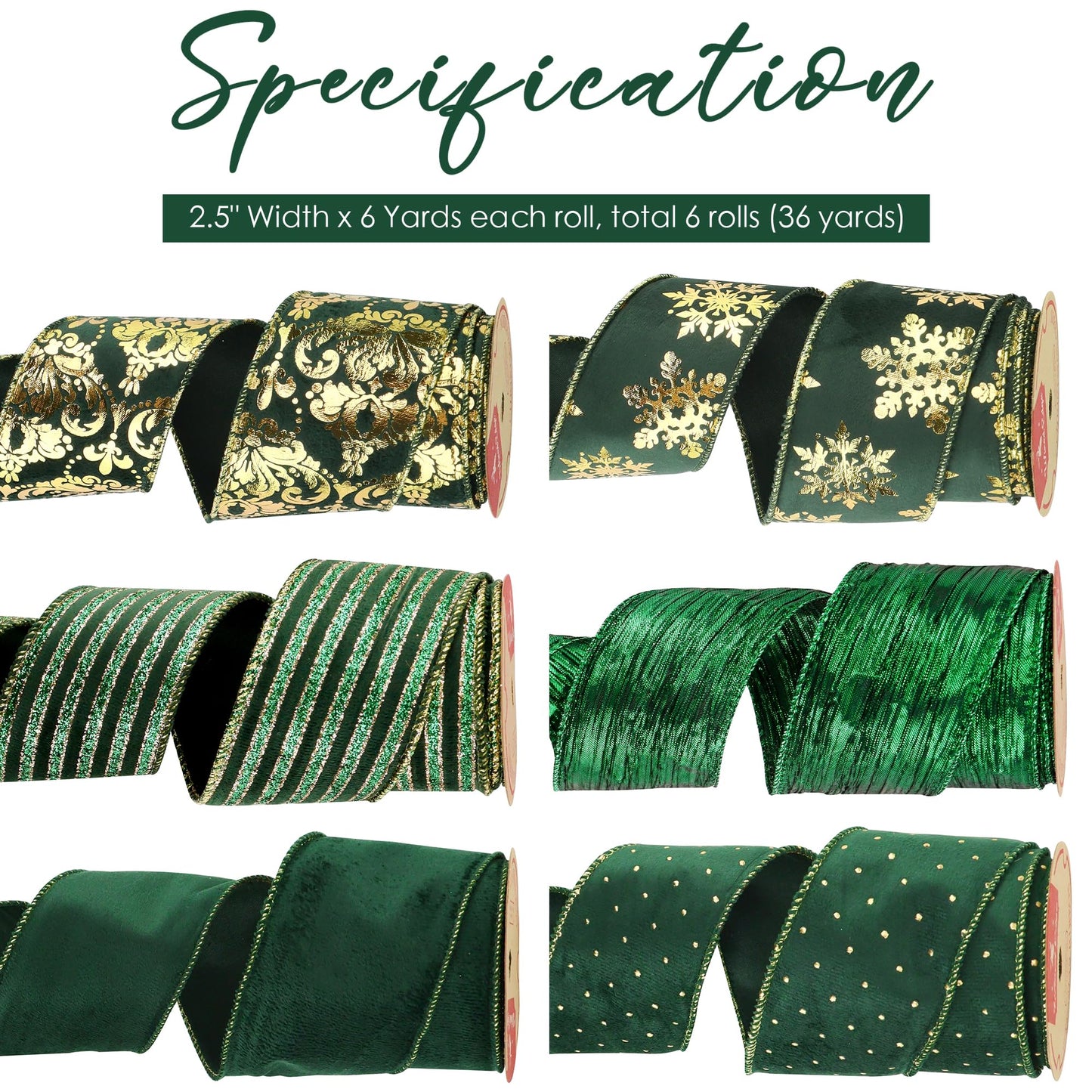 HUIHUANG Christmas Ribbon Wired Green Velvet Christmas Tree Ribbon Green and Gold Wired Ribbons for X-mas Tree, Wreath, Garland, Bows, Home Decor (2-1/2" X 6 Rolls, 36 Yds Total)