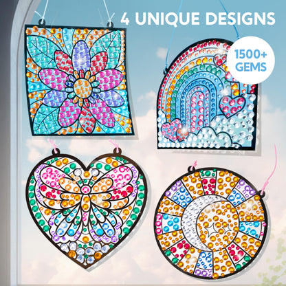 Klever Kits Suncatcher Craft Kit for Children,4 Designs Arts and Crafts for Kids Age 6 7 8 9-12,Gem Diamond Painting Craft Kits,Window Gem Art Set,Birthday Gift for Girls Age 6-12
