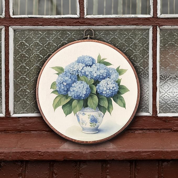 Threegoat Chinoiserie Spring Floral Framed Round Wall Art,Blue and White Hydrangea Flowers Wall Art Decor for Bedroom,Vintage Wall Hanging Decor for Grand Millenial Grandmillennial Home - A01