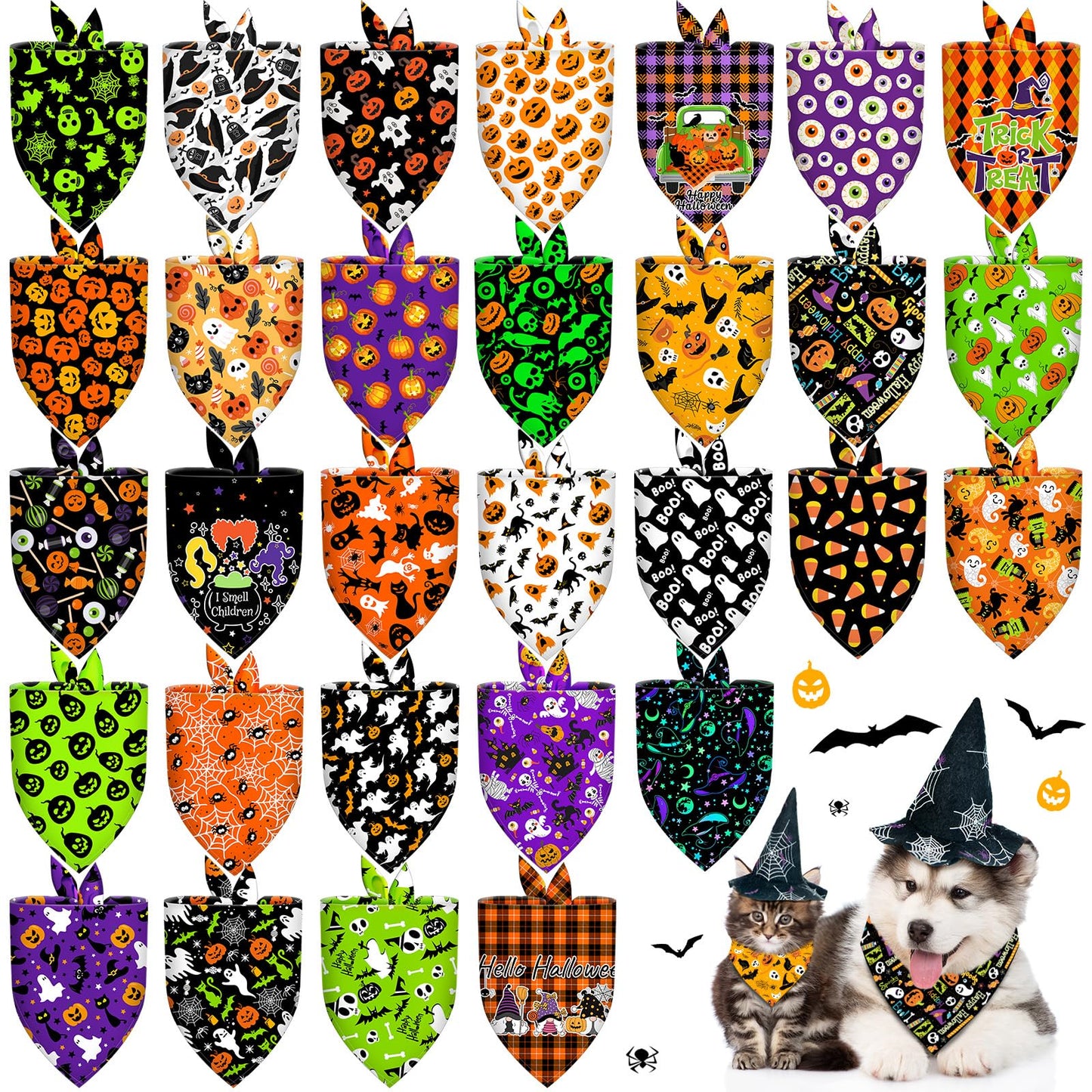 30 Pcs Halloween Dog Bandanas Bulk Adjustable Dog Scarves Bibs Pumpkin Bat Ghost Puppy Bandanas Pet Neckerchief Washable Holiday Halloween Bandanas for Small Medium Large Dog Pet Grooming Accessories