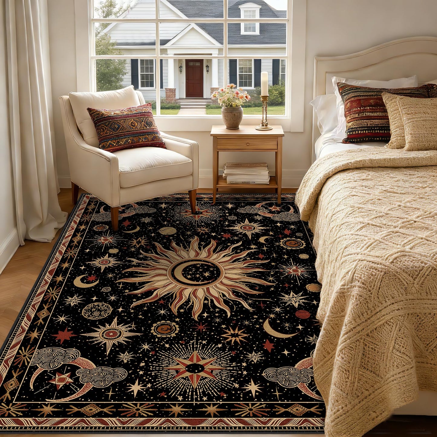 meejou 5x7 Area Rugs, Washable Vacuum-Friendly Non-Slip Rug Vintage Boho Gothic Sun and Moon Printed Pattern Low Pile Carpet for Living Room Bedroom Dining Room Hallway Entryway,Black Gold Beige Red