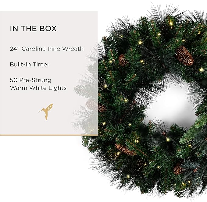 Papyrus 24" Pre-Lit Carolina Pine Artificial Wreath, Pine Cones, Warm White Light, Battery Powered, Indoor/Outdoor