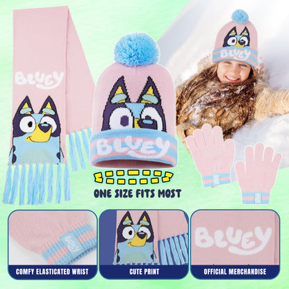 Bluey Girls Winter Accessories Set Cosy Warm Knit Hat Scarf & Kids Gloves or Beanie & Gloves School Travel, Kids Gifts (Pink Bluey 3 Pcs, 3-9 Years)