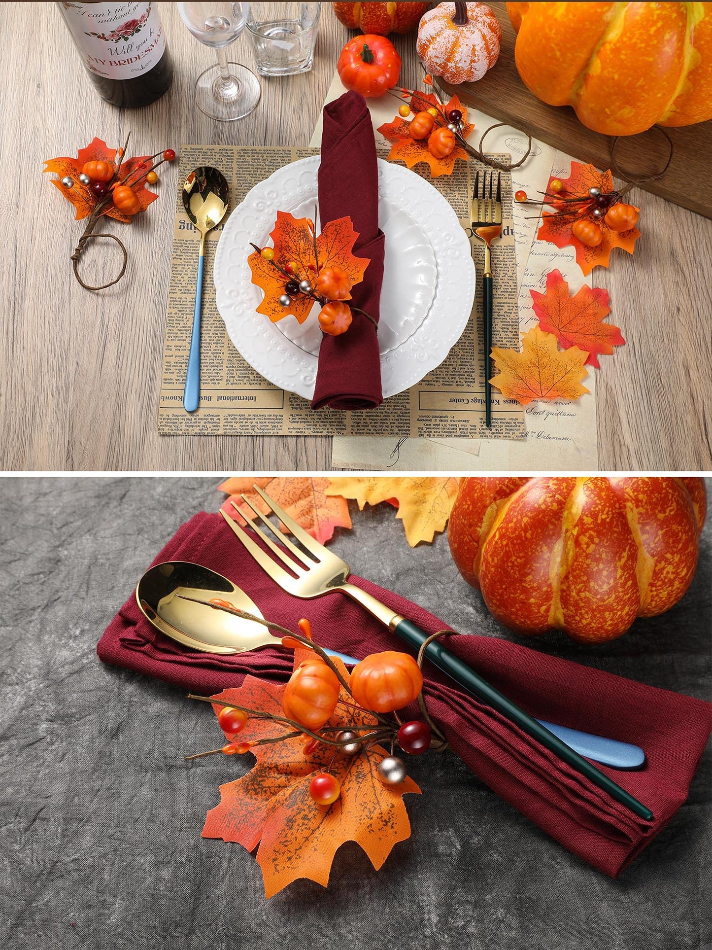 Patelai 12 Set Fall Thanksgiving Napkin Rings Pumpkin Maple Leaves Red Berry Napkin Holder for Table Decor, Wedding, Fall Banquet, Holiday, Dinner Party(Fresh Style,Orange)