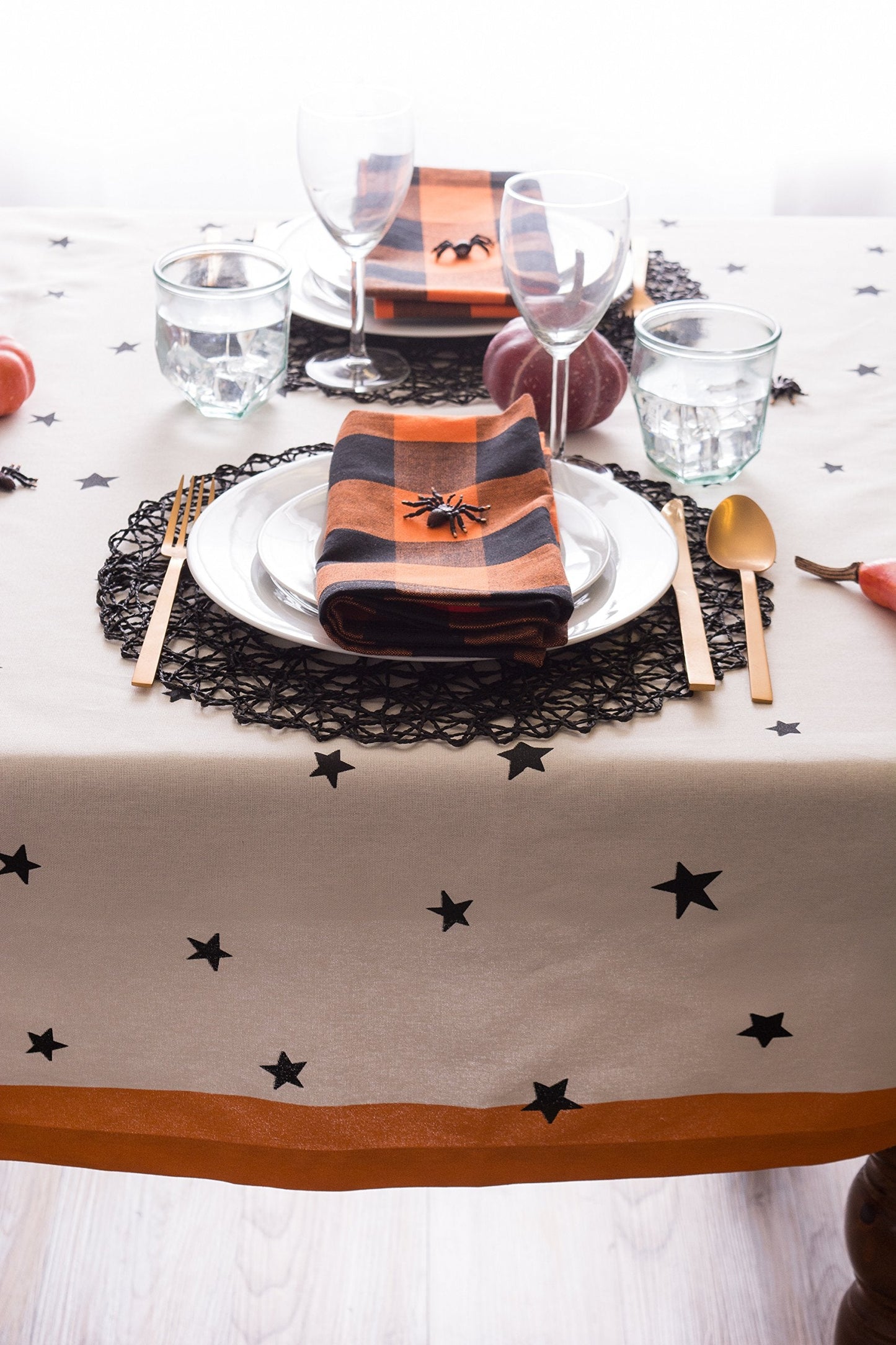 DII Halloween Tabletop Collection Bold Black Stars/Spooky Spider with Orange Border on Off-White Natural Background, Machine Washable, 52x52 Tablecloth