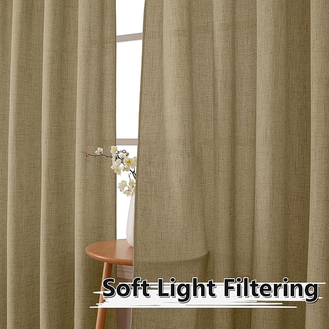 Tollpiz Short Linen Curtains Bedroom Rod Pocket Semi Sheer Curtain Burlap Light Filtering Thick Linen Drapes for Living Room, 38 x 45 inches Long, Taupe, Set of 2 Panels