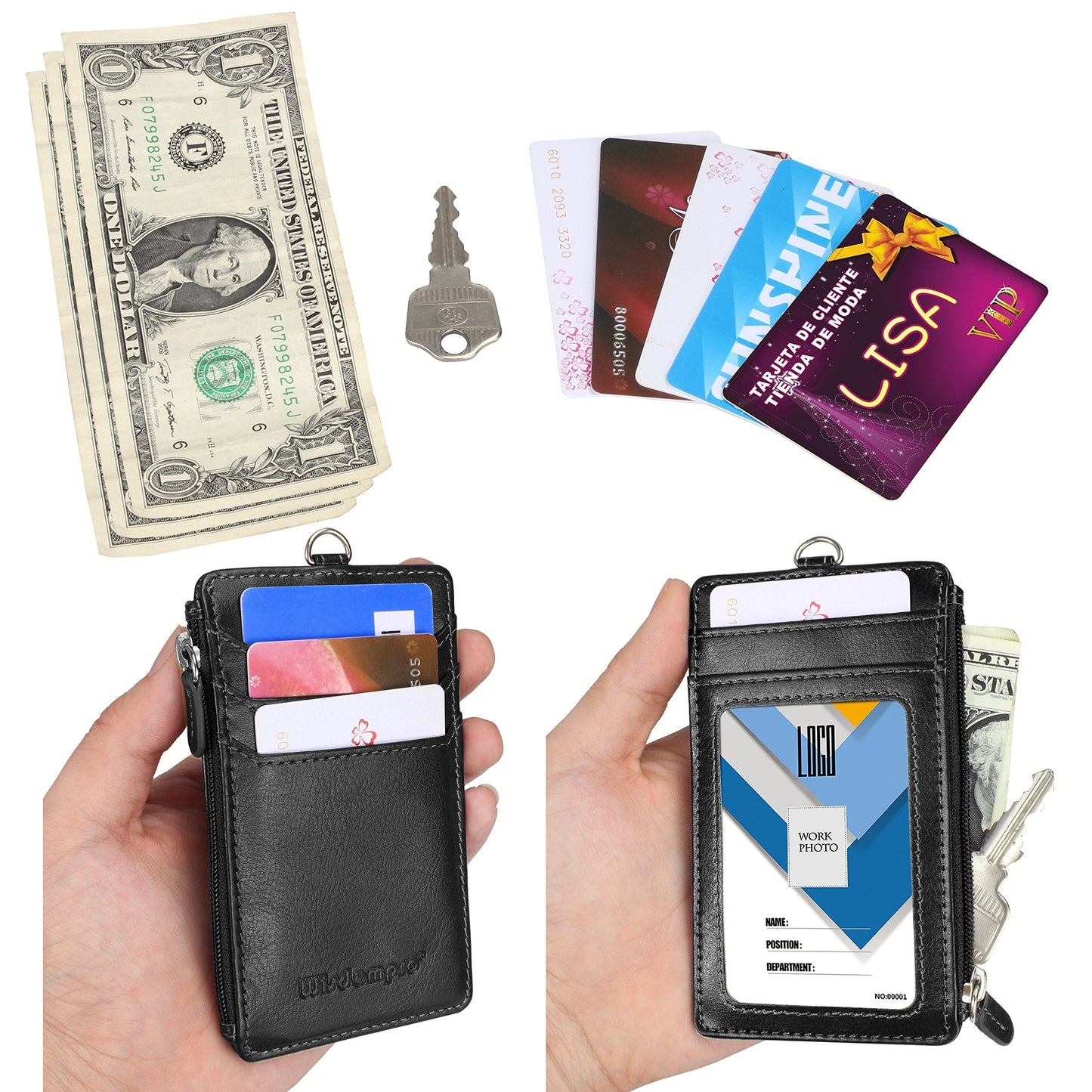 Badge Holder with Zipper, Wisdompro School Supply 2-Sided PU Leather College ID Badge Holder with 1 ID Window, 4 Card Holder Slots, 1 Side Pocket and 20 Inch Leather Neck Strap Lanyard -Vertical Black