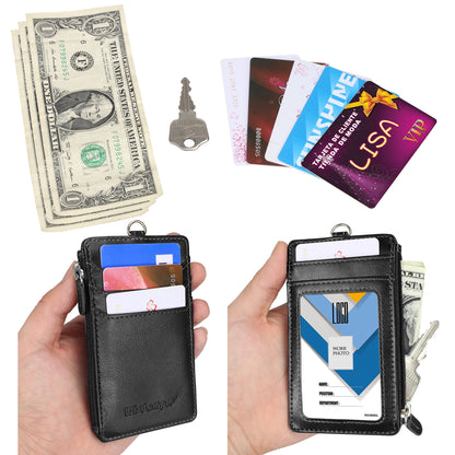 Badge Holder with Zipper, Wisdompro School Supply 2-Sided PU Leather College ID Badge Holder with 1 ID Window, 4 Card Holder Slots, 1 Side Pocket and 20 Inch Leather Neck Strap Lanyard -Vertical Black