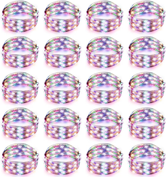 Hortsun 20 Packs Fairy Lights Battery Operated 3 Speed Modes, 7 Ft/ 2 M 20 LED Battery String Mini Waterproof Wire Twinkle Lights Bulk for Wedding Party Birthday Vases (Multicolor Light)